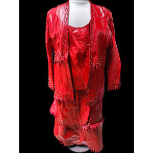 Leather 9000 Italy Rhinestone Jacket Skirt Blouse Beret